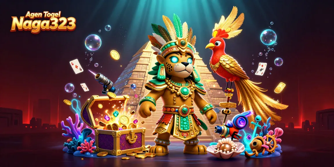 Agen Togel Naga323 offers a vibrant illustration showcasing dynamic gameplay with exciting lottery elements and treasures.