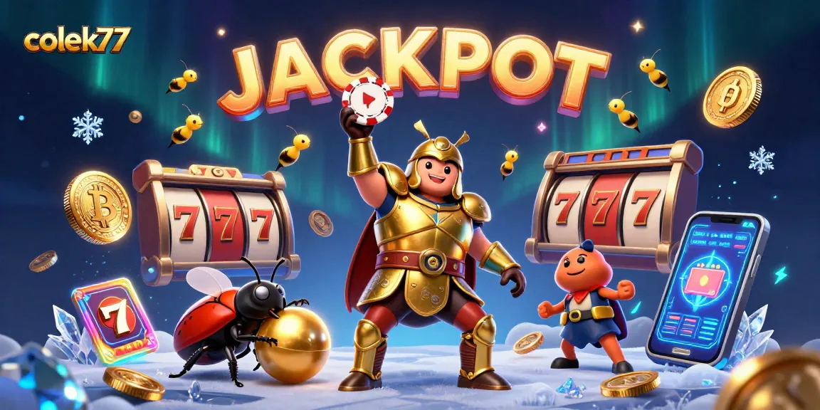 Engage with colek77's winning strategies as depicted by a victorious hercules beetle in a vibrant casino atmosphere.