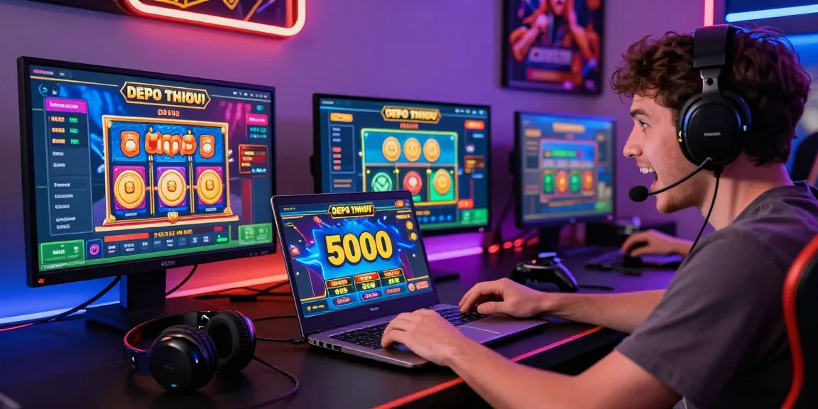 Excited player engaging with colorful slot depo 5000 online game interface in dynamic gaming setup